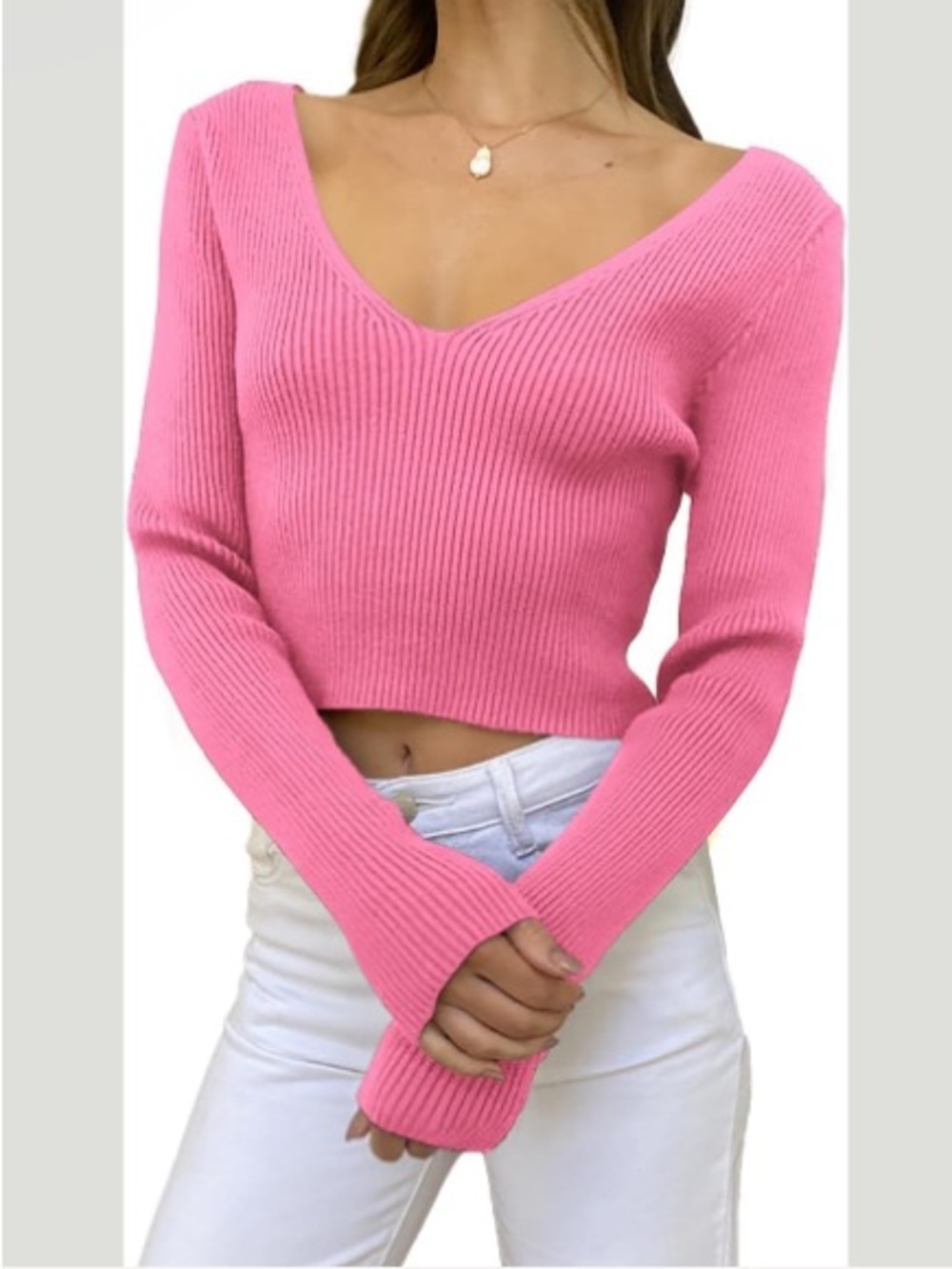 Women's Pink V-Neck Cropped Ribbed Sweater